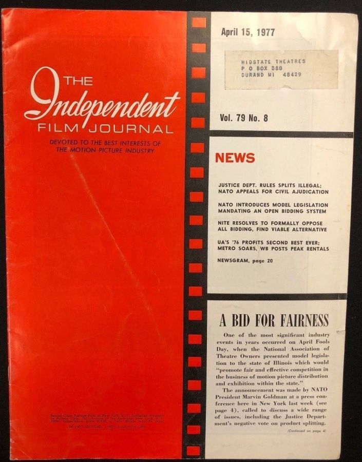 INDEPENDENT FILM JOURNAL magazine side cover 15 April 1977