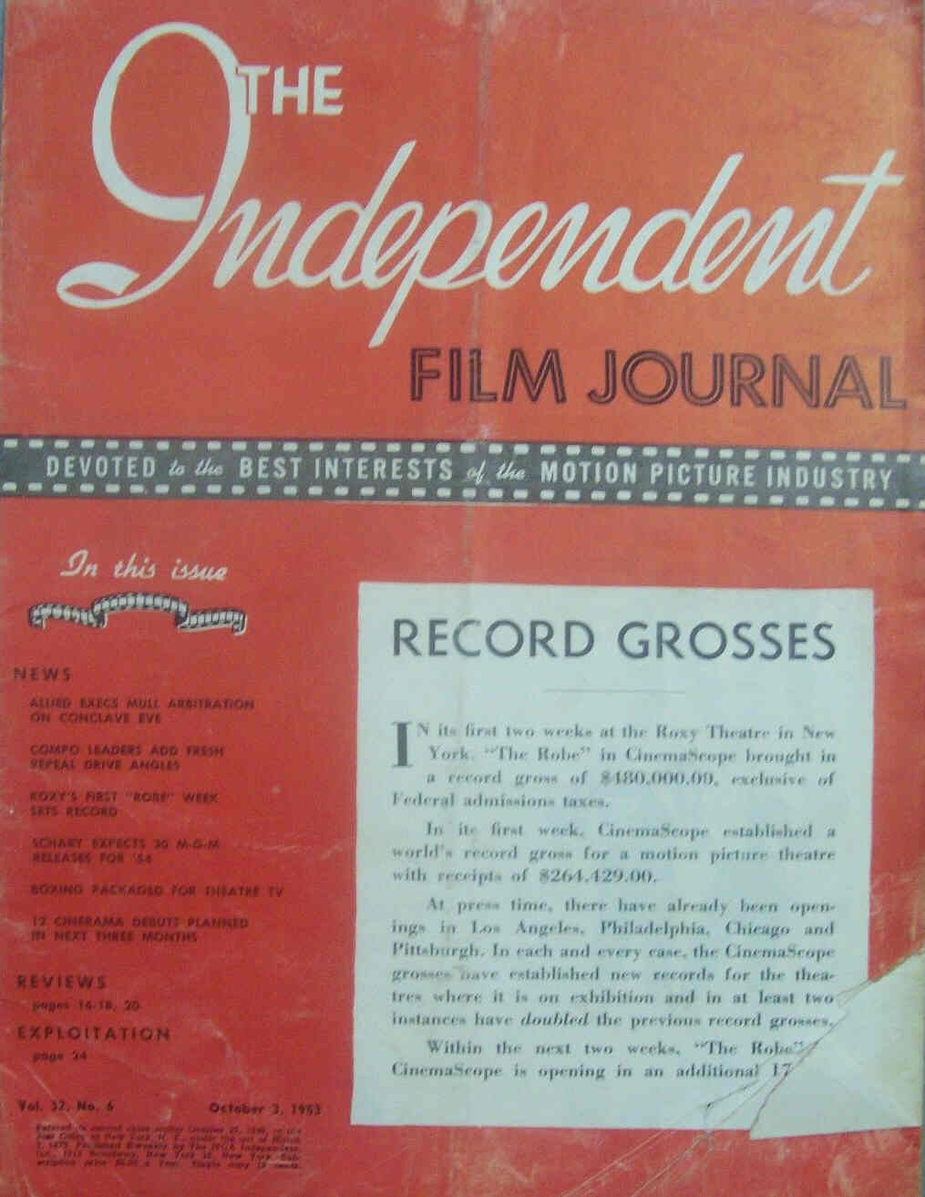INDEPENDENT FILM JOURNAL magazine side cover 3 October 1953