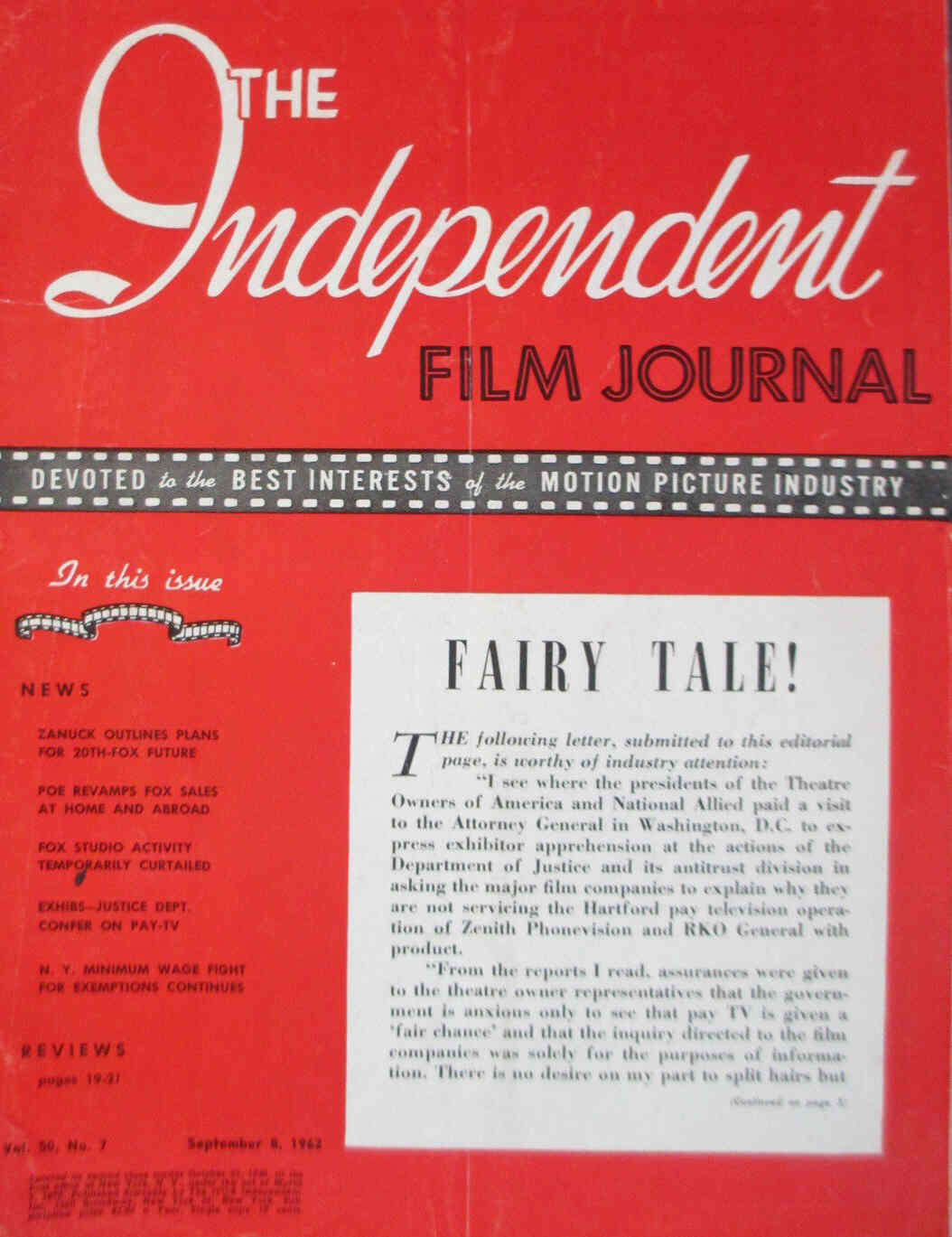 INDEPENDENT FILM JOURNAL magazine side cover 8 September 1962