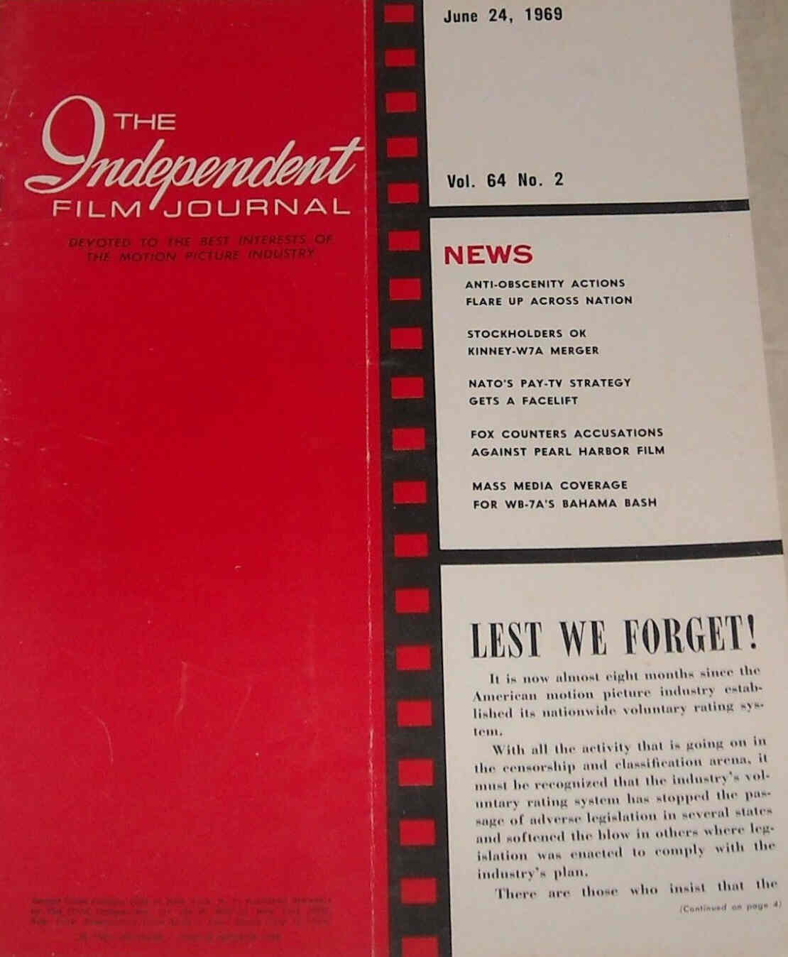 INDEPENDENT FILM JOURNAL magazine side cover 24 June 1969