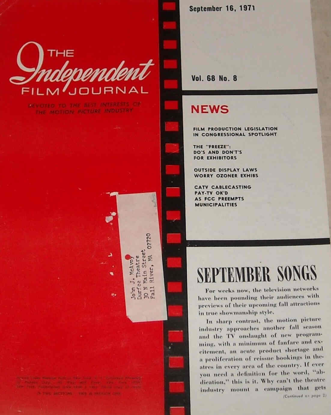 INDEPENDENT FILM JOURNAL magazine side cover 16 September 1971