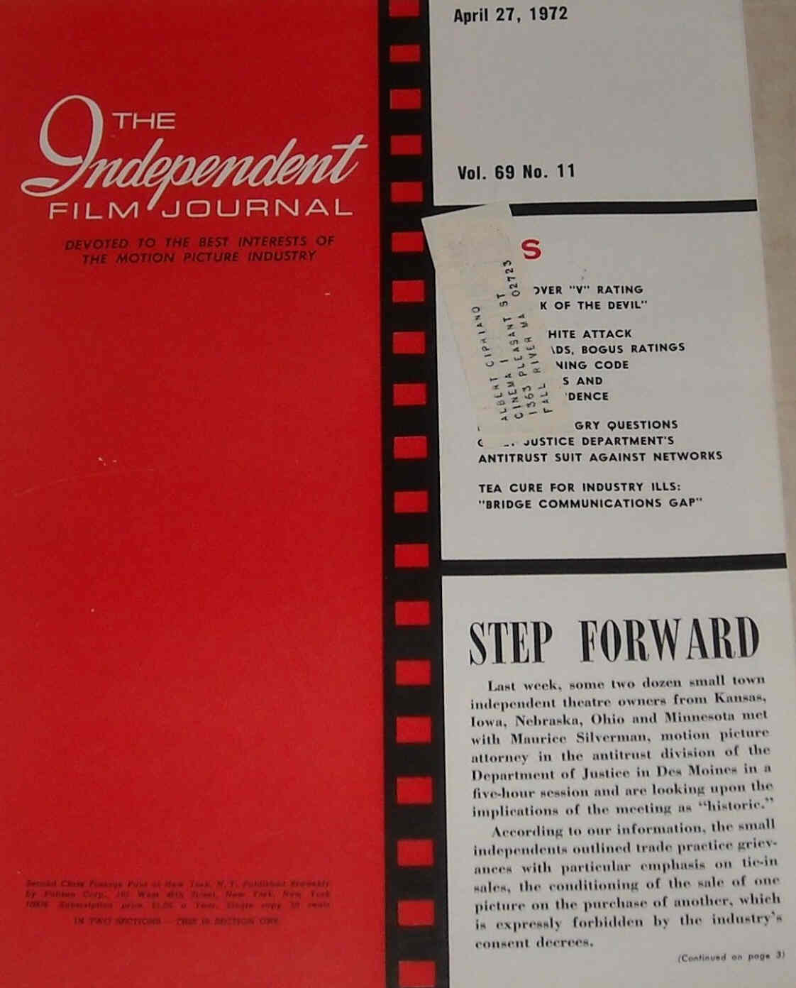 INDEPENDENT FILM JOURNAL magazine side cover 27 April 1972