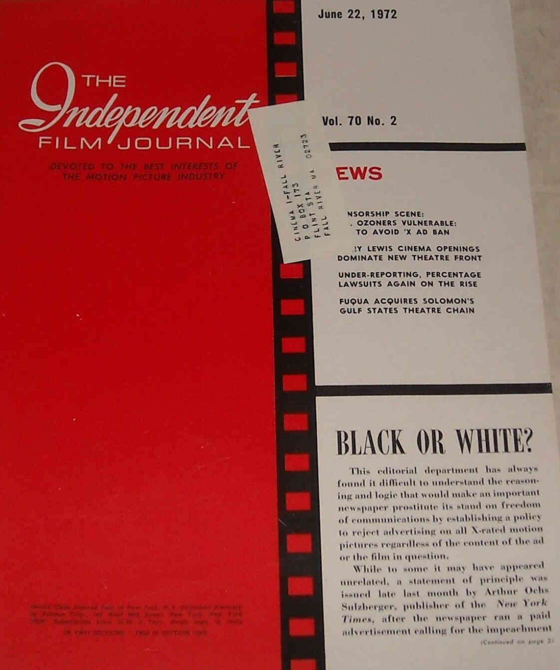 INDEPENDENT FILM JOURNAL magazine side cover 22 June 1972