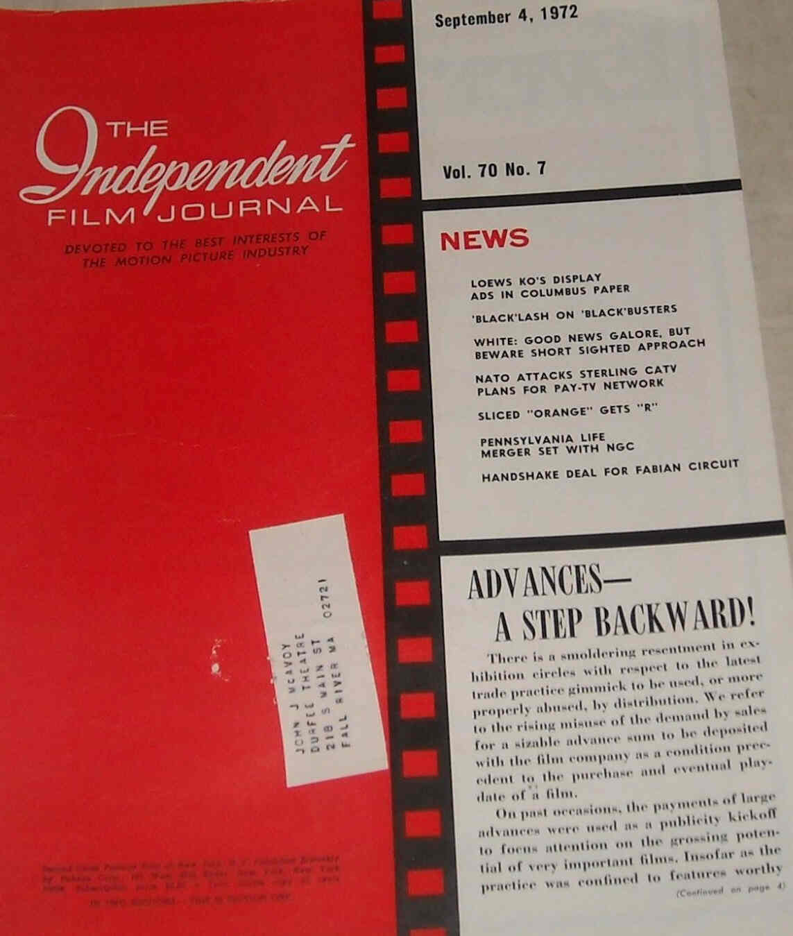 INDEPENDENT FILM JOURNAL magazine side cover 4 September 1972