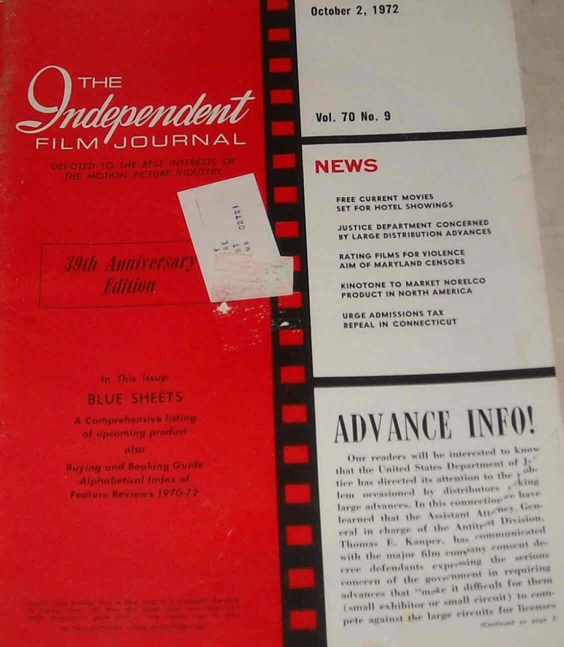 INDEPENDENT FILM JOURNAL magazine side cover 2 October 1972