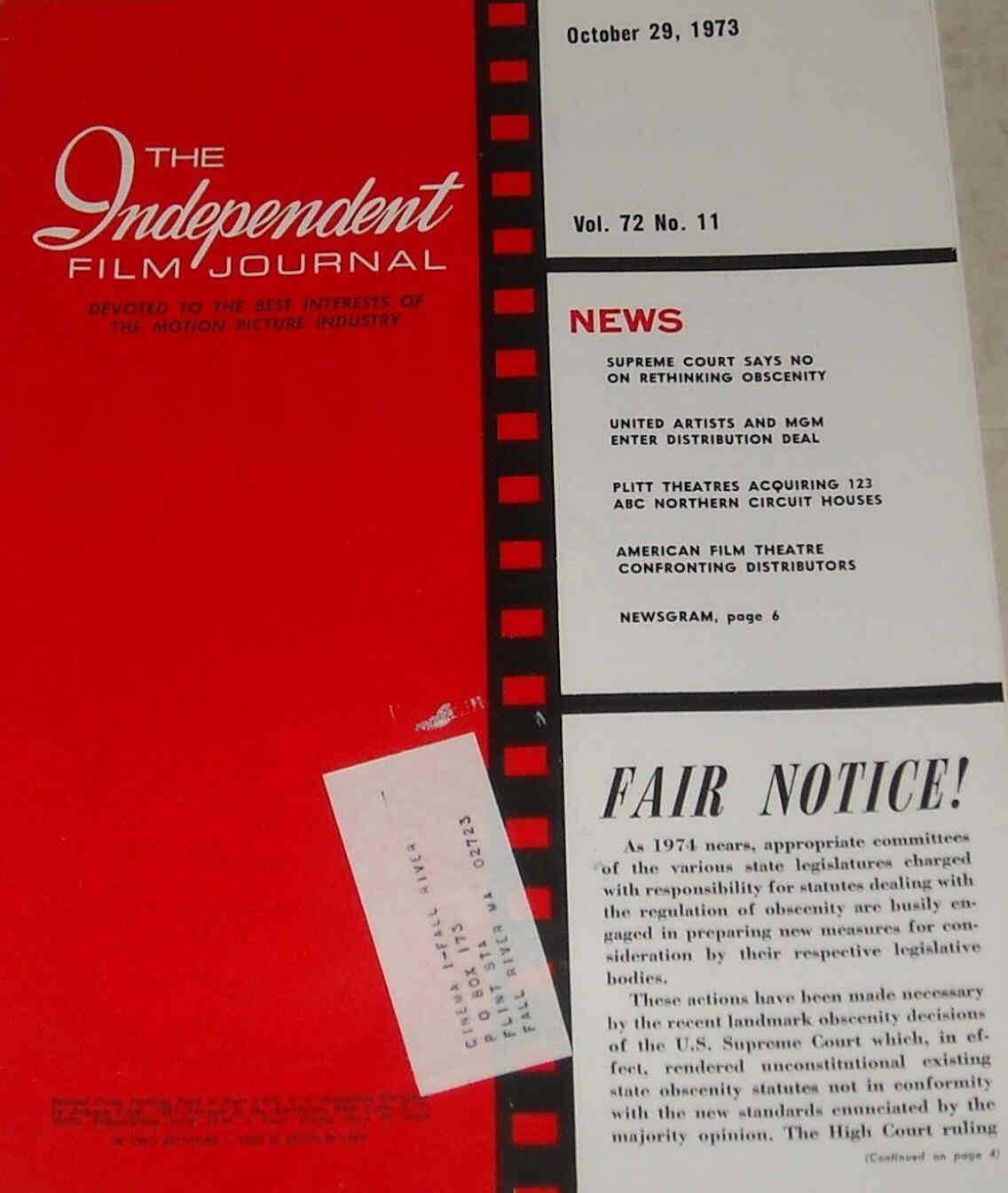 INDEPENDENT FILM JOURNAL magazine side cover 29 October 1973