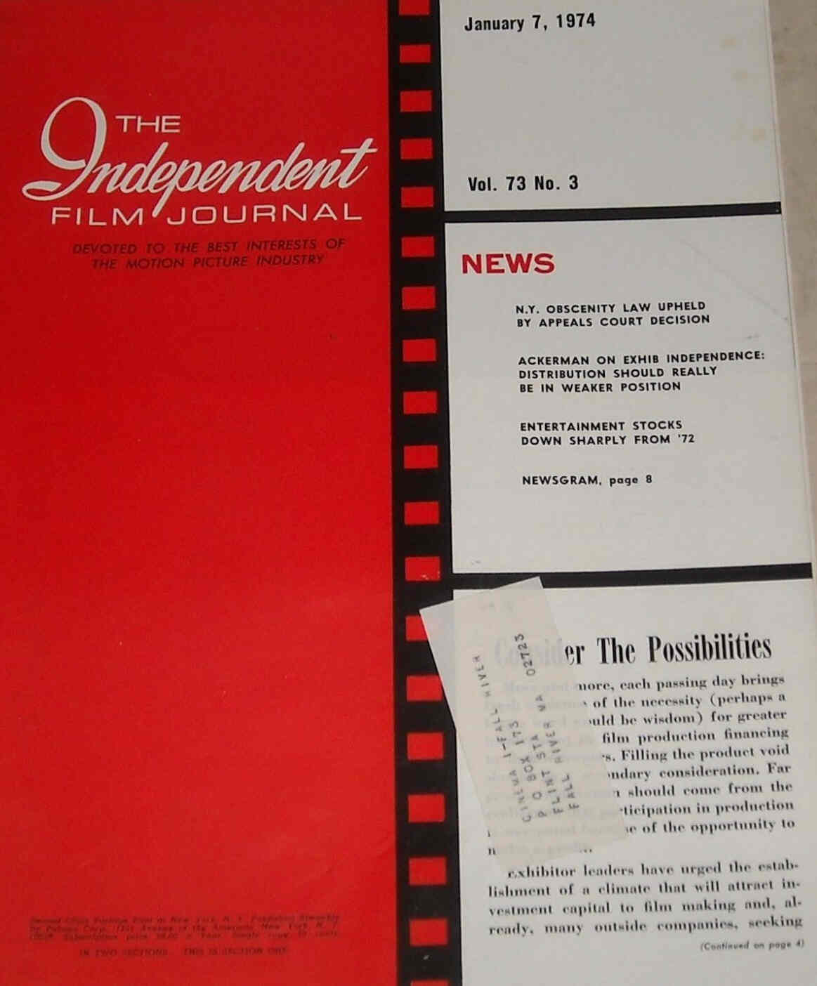 INDEPENDENT FILM JOURNAL magazine side cover 7 January 1974