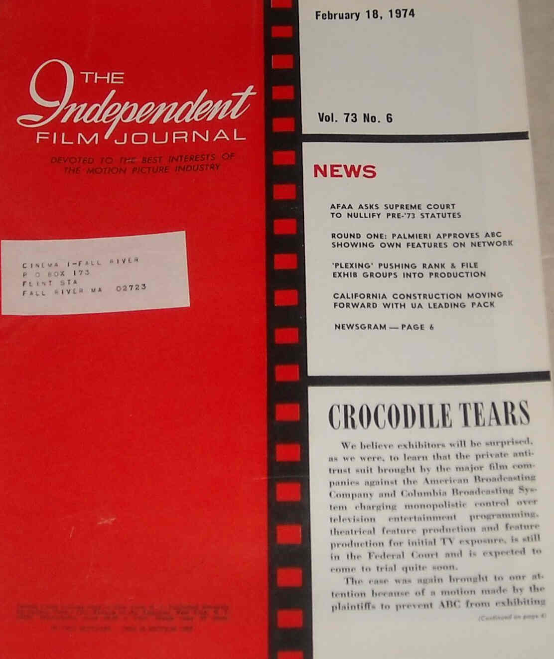 INDEPENDENT FILM JOURNAL magazine side cover 18 February 1974