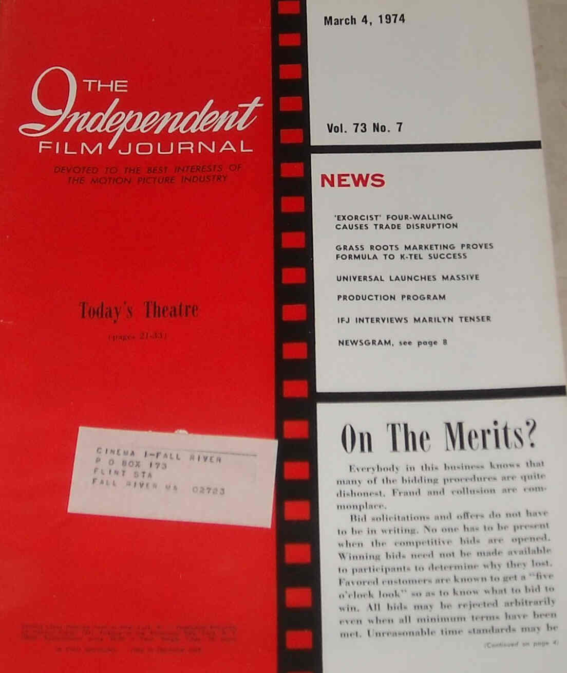 INDEPENDENT FILM JOURNAL magazine side cover 4 March 1974