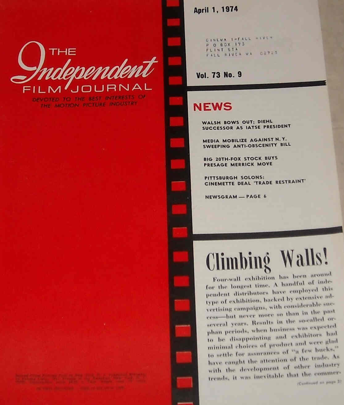 INDEPENDENT FILM JOURNAL magazine side cover 1 April 1974