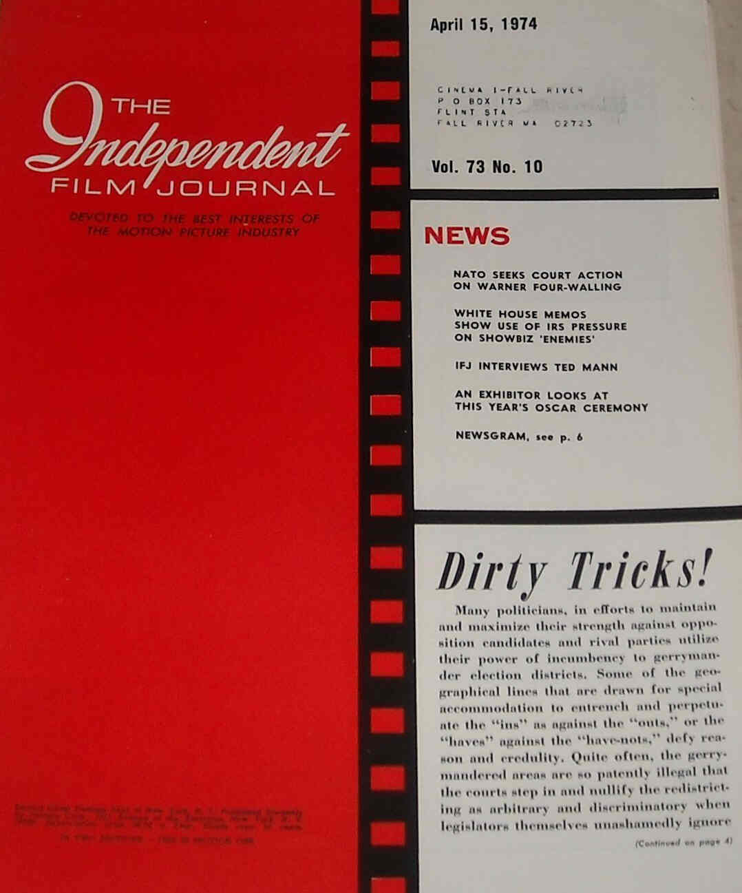 INDEPENDENT FILM JOURNAL magazine side cover 15 April 1974