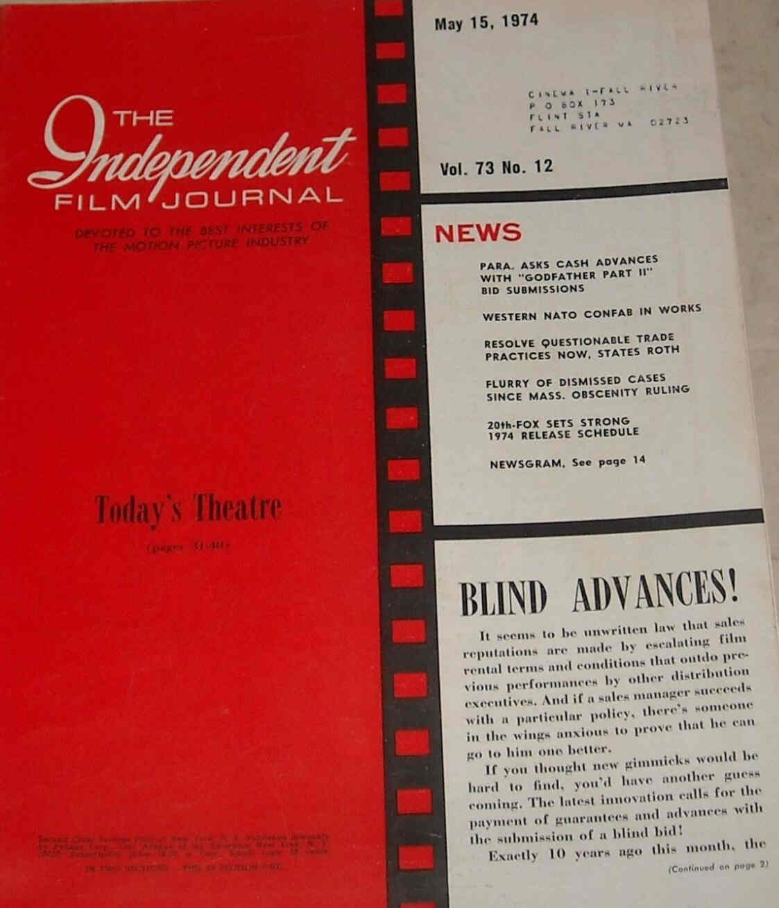 INDEPENDENT FILM JOURNAL magazine side cover 15 May 1974