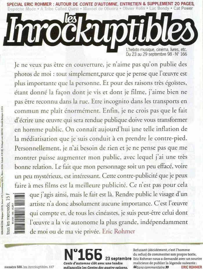 INROCKUPTIBLES | LES magazine side cover Issue 166 23 September 1998