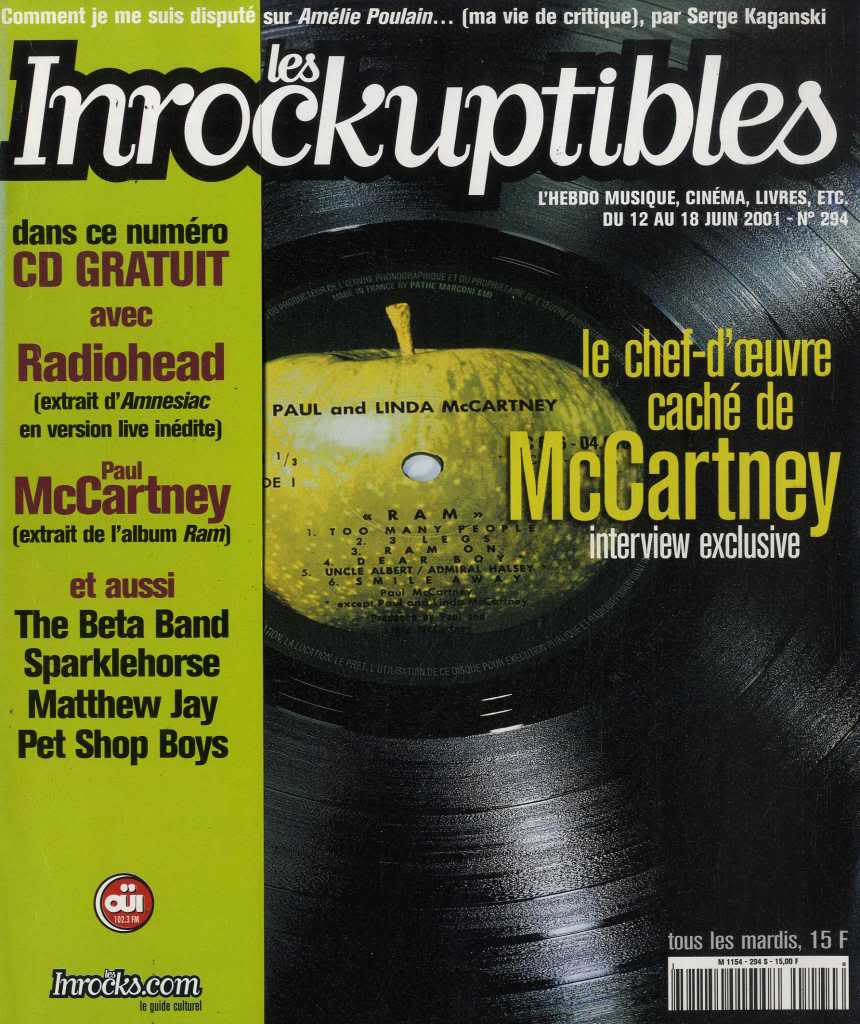 INROCKUPTIBLES | LES magazine side cover Issue 294 12 June 2001