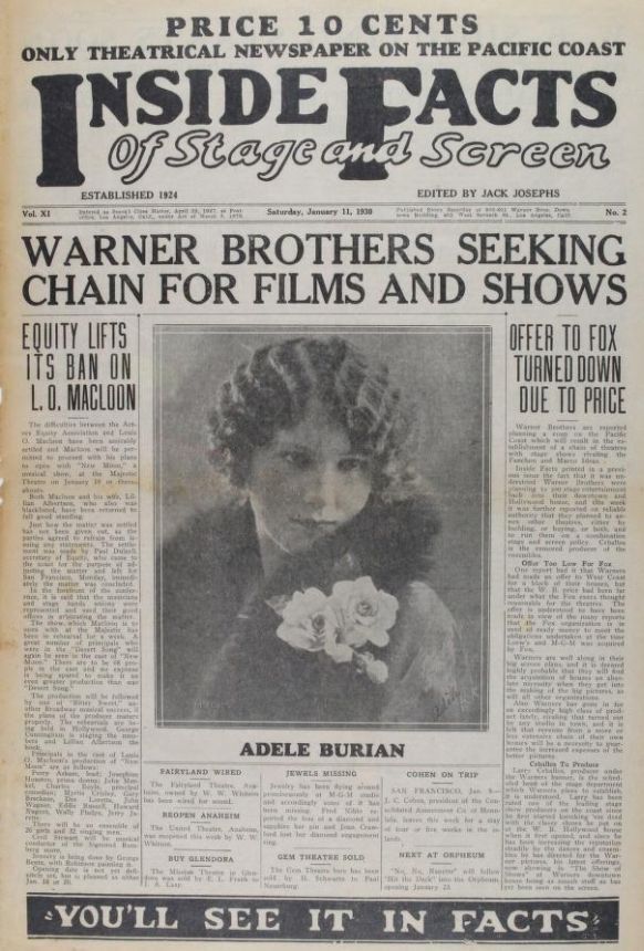 INSIDE FACTS OF STAGE AND SCREEN magazine side cover 11 January 1930