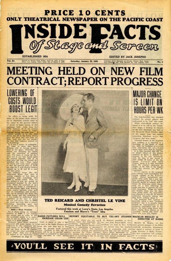 INSIDE FACTS OF STAGE AND SCREEN magazine side cover 25 January 1930