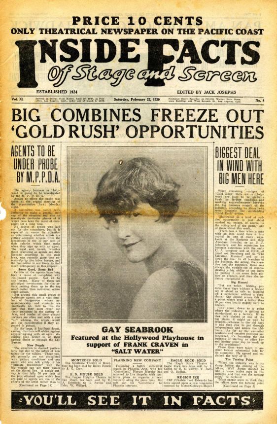 INSIDE FACTS OF STAGE AND SCREEN magazine side cover 22 February 1930