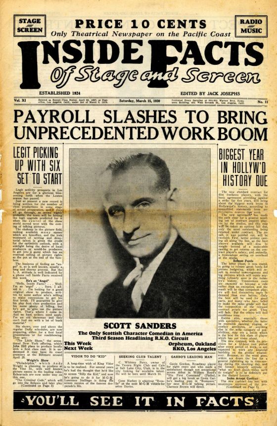 INSIDE FACTS OF STAGE AND SCREEN magazine side cover 15 March 1930