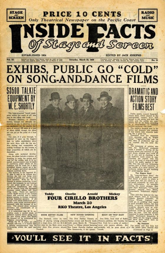 INSIDE FACTS OF STAGE AND SCREEN magazine side cover 22 March 1930