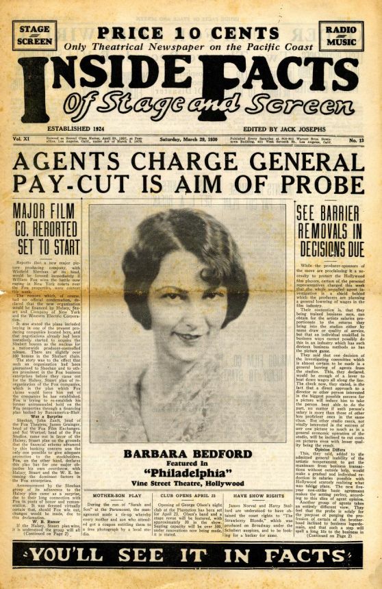 INSIDE FACTS OF STAGE AND SCREEN magazine side cover 29 March 1930