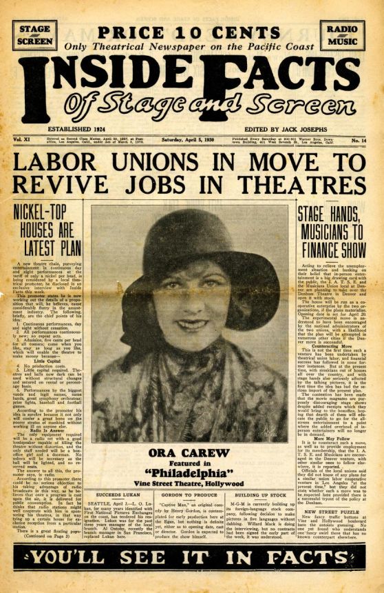 INSIDE FACTS OF STAGE AND SCREEN magazine side cover 5 April 1930