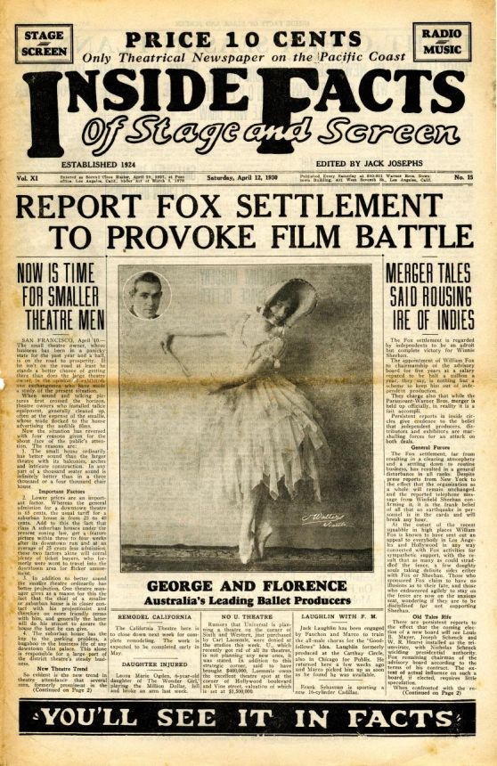 INSIDE FACTS OF STAGE AND SCREEN magazine side cover 12 April 1930