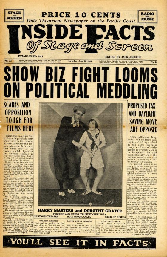 INSIDE FACTS OF STAGE AND SCREEN magazine side cover 28 June 1930