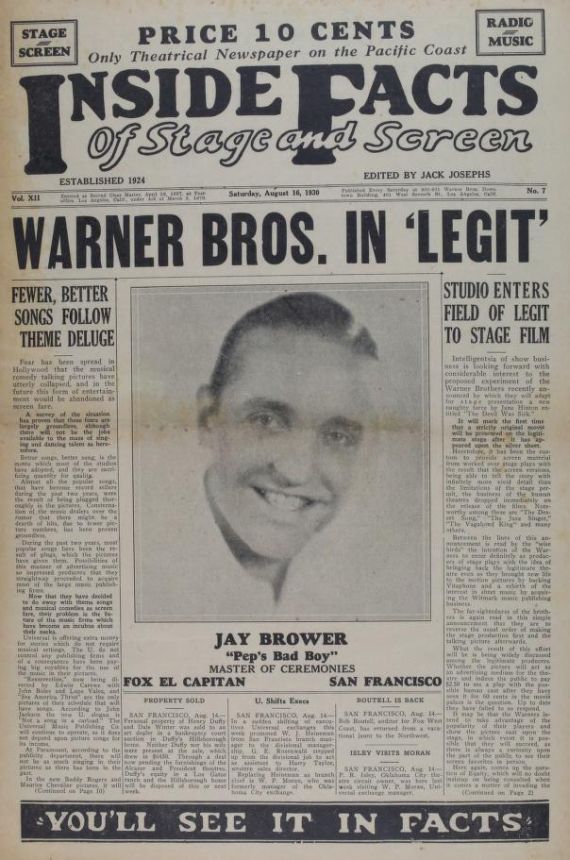 INSIDE FACTS OF STAGE AND SCREEN magazine side cover 16 August 1930
