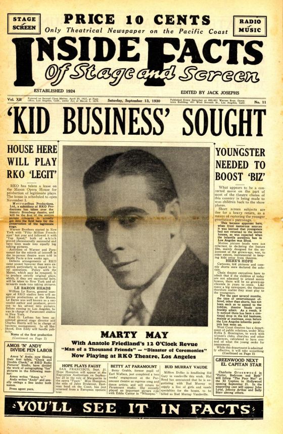 INSIDE FACTS OF STAGE AND SCREEN magazine side cover 13 September 1930