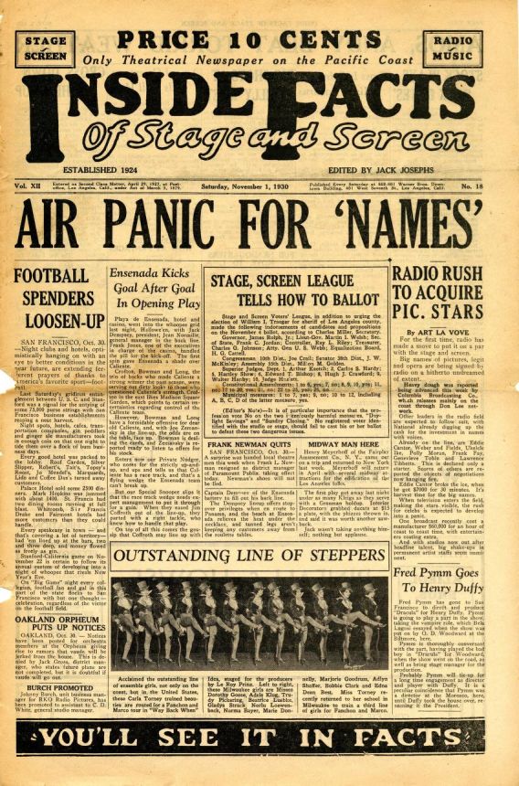 INSIDE FACTS OF STAGE AND SCREEN magazine side cover 1 November 1930