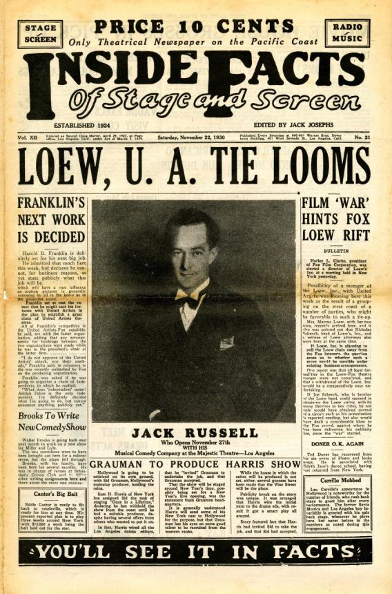 INSIDE FACTS OF STAGE AND SCREEN magazine side cover 22 November 1930