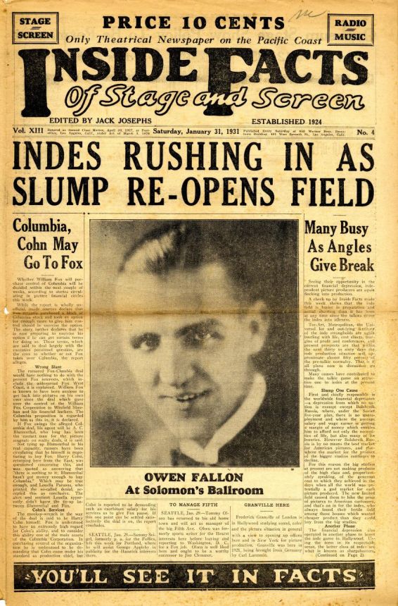 INSIDE FACTS OF STAGE AND SCREEN magazine side cover 31 January 1931