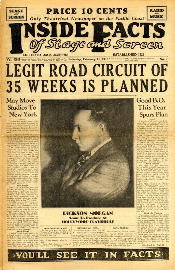 INSIDE FACTS OF STAGE AND SCREEN magazine side cover 21 February 1931