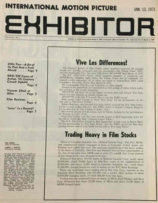 INTERNATIONAL MOTION PICTURE EXHIBITOR magazine side cover 13 January 1971