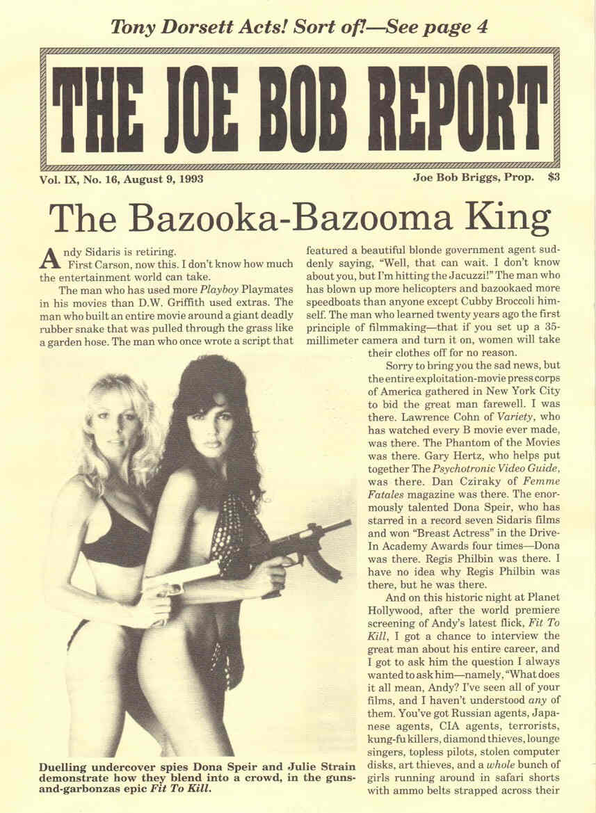JOE BOB REPORT magazine side cover  Vol 9 No 16 9 August 1993