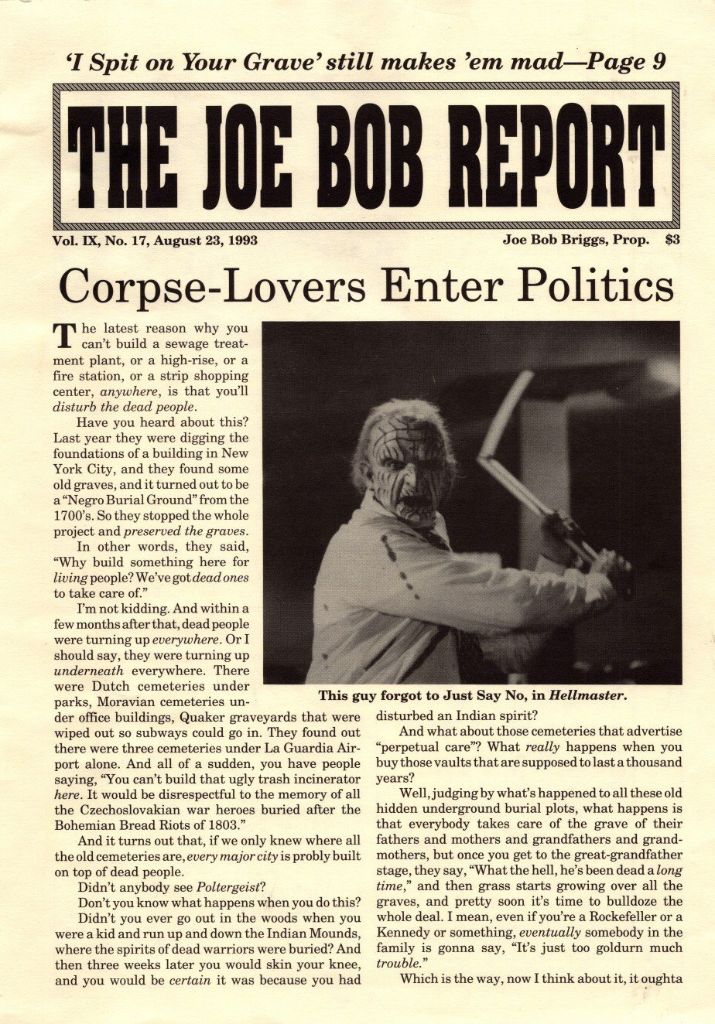 JOE BOB REPORT magazine side cover  Vol 9 No  17 23 August 1993