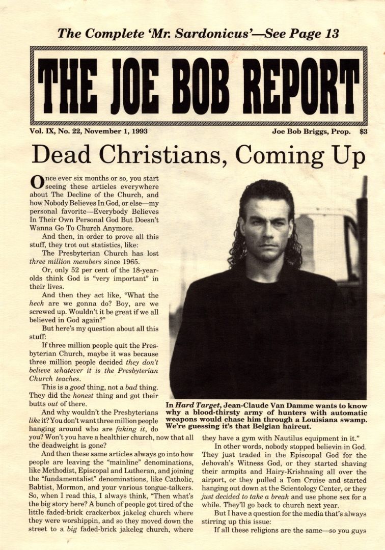 JOE BOB REPORT magazine side cover  Vol 9 No  22 1 November 1993