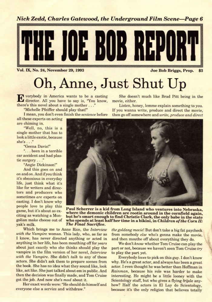 JOE BOB REPORT magazine side cover  Vol 9 No  24 29 November 1993