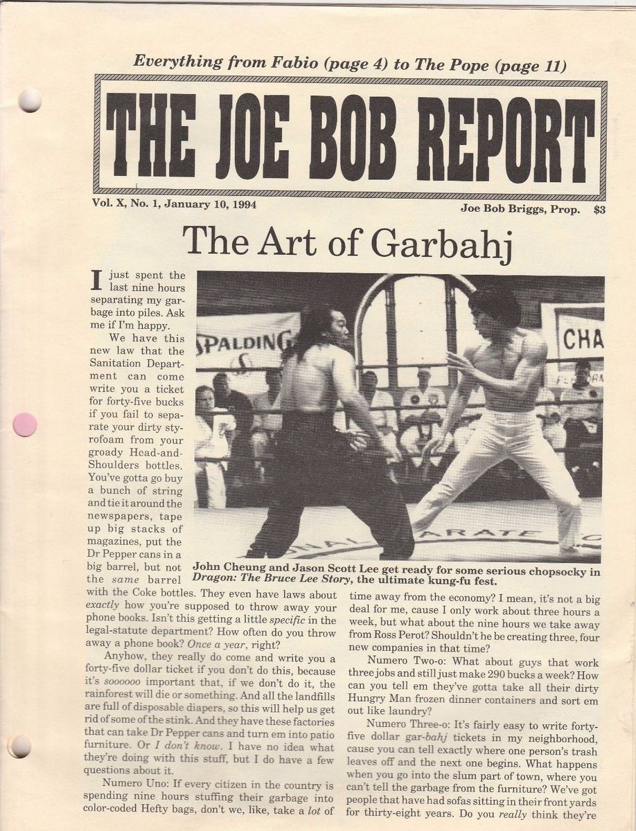 JOE BOB REPORT magazine side cover  Vol 10 No 1 10 January 1994