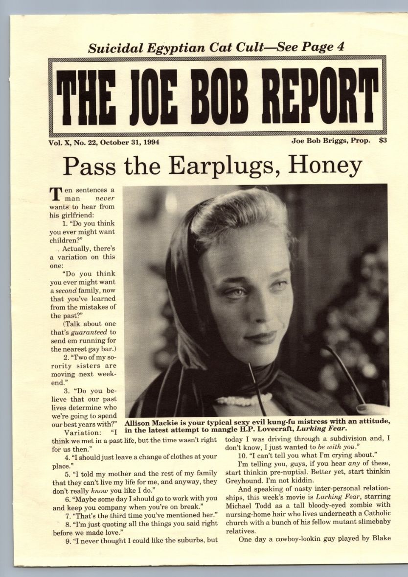 JOE BOB REPORT magazine side cover  Vol 10 No  22 31 October 1994