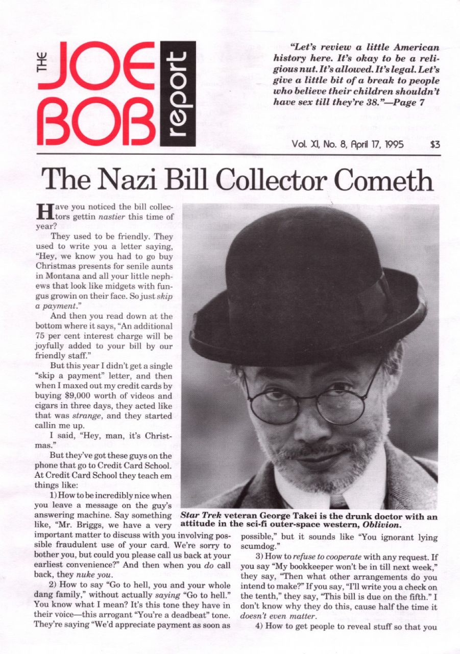 JOE BOB REPORT magazine side cover  Vol 11 No  8 17 April 1995