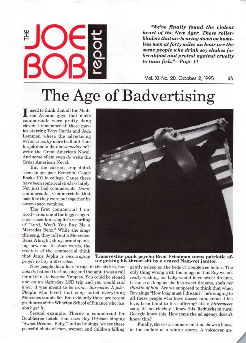 JOE BOB REPORT magazine side cover  Vol 11 No  20 2 October 1995