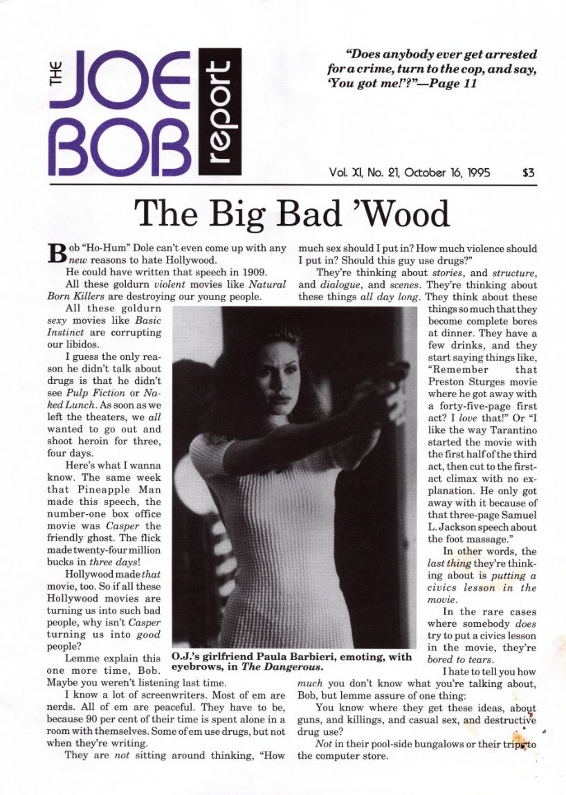 JOE BOB REPORT magazine side cover  Vol 11 No 21 16 October 1995