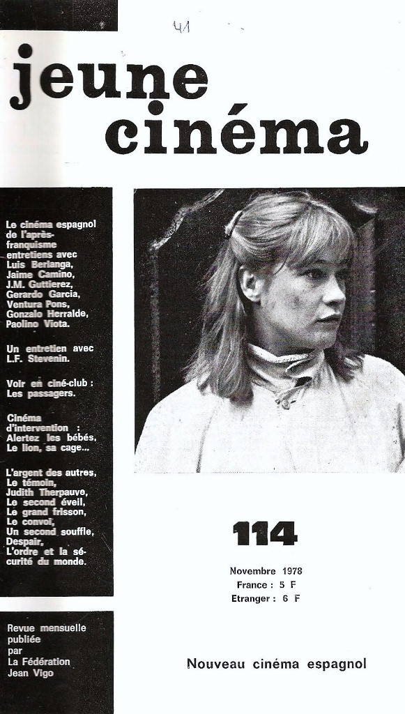 JEUNE CINEMA magazine side cover Issue 114 November 1978