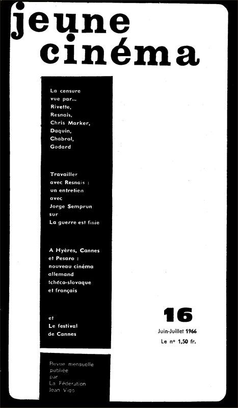 JEUNE CINEMA magazine side cover Issue 16 June/July 1966