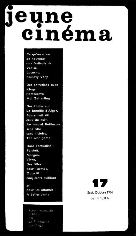 JEUNE CINEMA magazine side cover Issue 17 September/October 1966