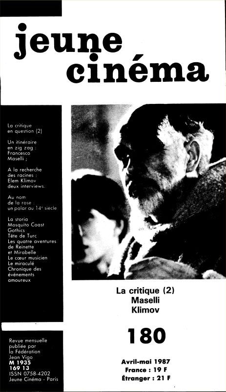 JEUNE CINEMA magazine side cover Issue 180 April/May 1987