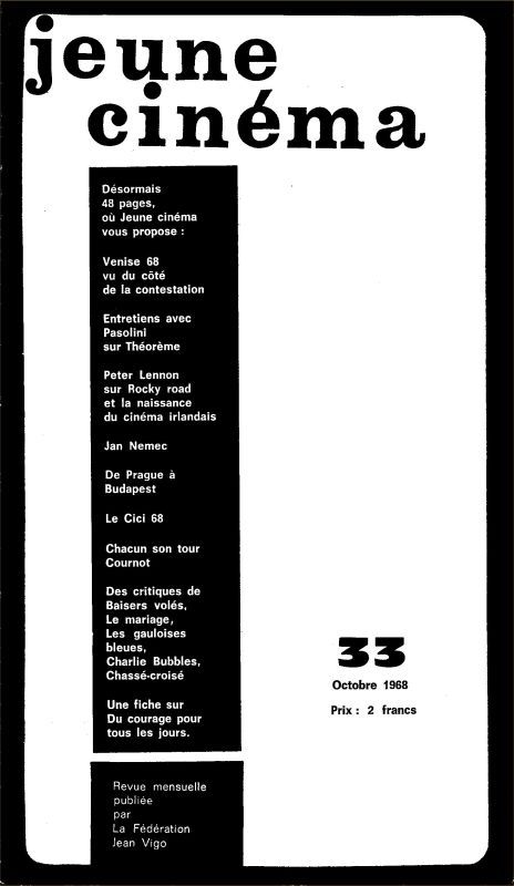 JEUNE CINEMA magazine side cover Issue 33 October 1968