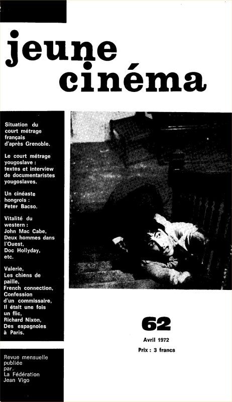 JEUNE CINEMA magazine side cover Issue 62 April 1972