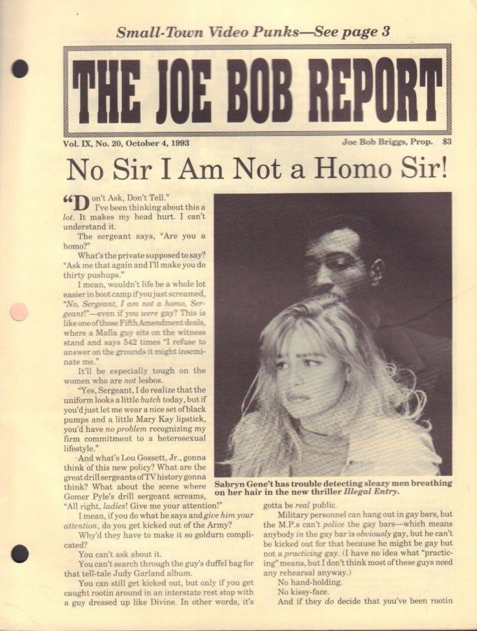 JOE BOB REPORT magazine side cover  Vol 9 No 20 4 October 1993